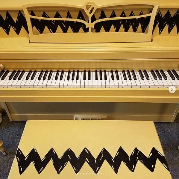 Photo of The Piano Gal Shop at Beans N' Cream Coffeehouse, Cannery Square, Sun Prairie, Dane County, Wisconsin, 53590, United States. The Charlie Brown piano is done! 💛🖤😍…
