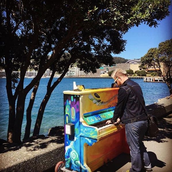 Photo of Wellington N.Z. at Te Papa outside area, Te Papa Promenade, Te Aro, Wellington, Wellington City, Wellington, New Zealand. Play me, I'm yours. Wellington Harbour.