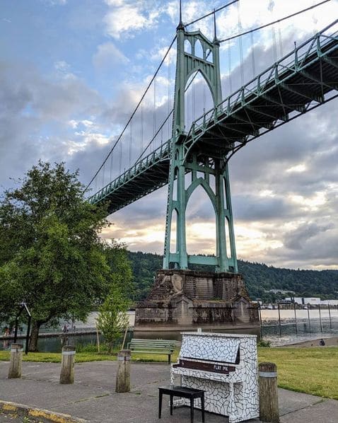 Photo of St. Johns Bridge at Saint Johns Bridge, North Pittsburg Avenue, Cathedral Park, Portland, Multnomah County, Oregon, 97203, United States. The pianos are back!