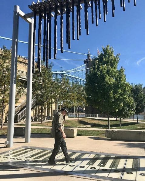 Photo of Cincinatti River Front at The Heekin Family/PNC Grow Up Great Adventure Playground, John A. Roebling Suspension Bridge, Cincinnati, Hamilton County, Ohio, 45202-2209,…